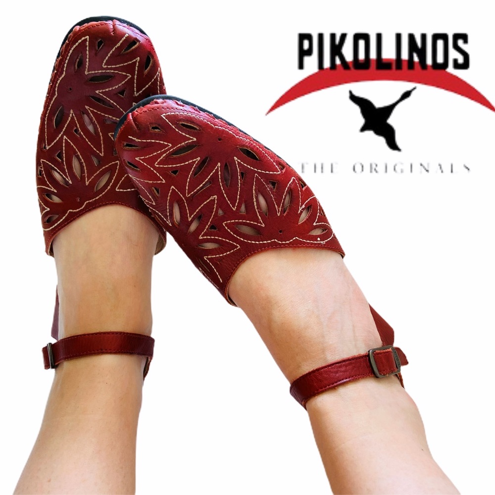 Pikolinos Red Leather ankle strap wedge sa…